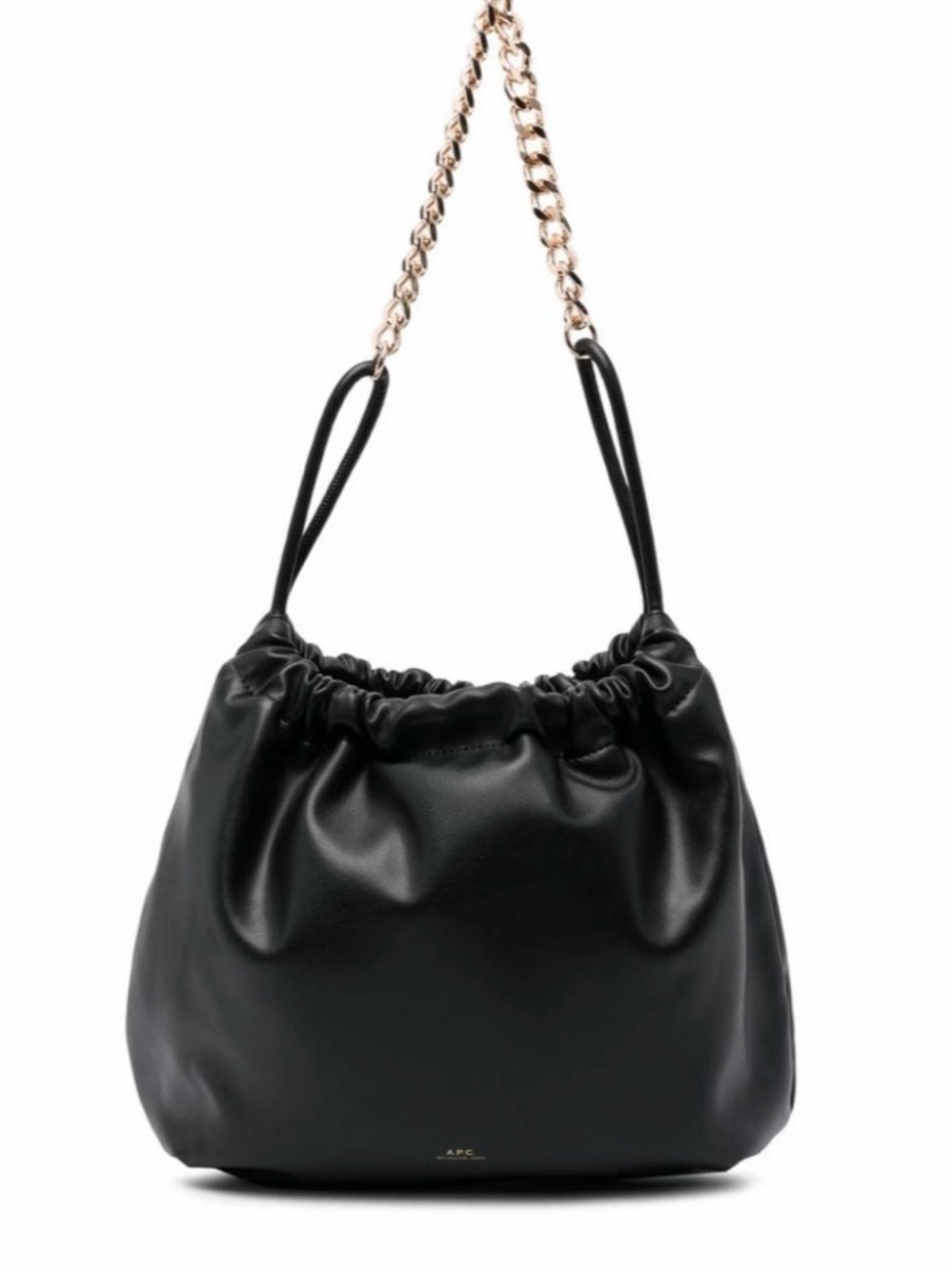 A.P.C. Black Leather Drawstring Shoulder Bag with Gold Chain Strap